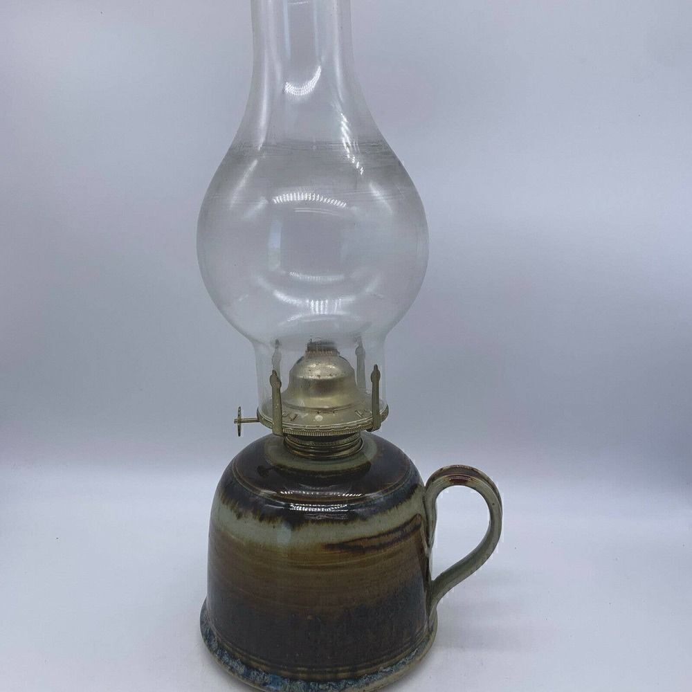 Vintage Greg Olson Signed California Handmade Stoneware Oil Lamp with Chimney
